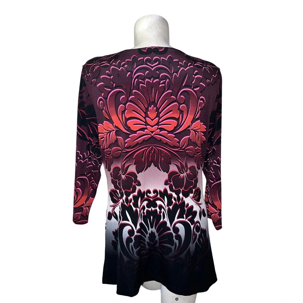 JM Collection Womens XL Floral Ombre Rhinestone Sharkbite Tunic Top Plum Black - Picture 5 of 8